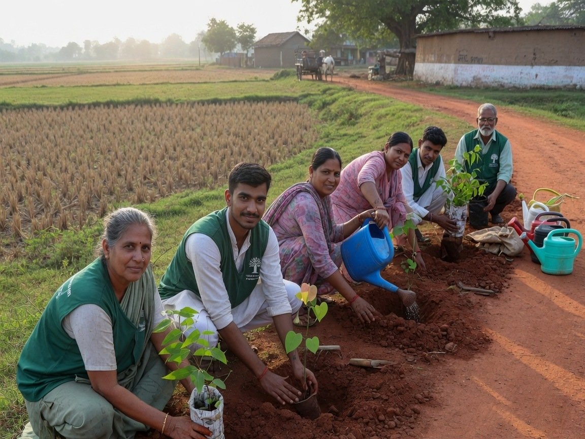 Volunteers planting trees along a village path